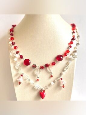Red and Silver Multi-Strand Necklace with Crystal Accents